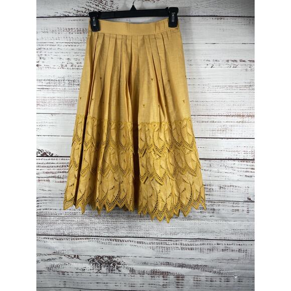 Think Sense Dresses & Skirts - Think Sense Skirt Women's Size S Yellow Pleated Eyelet Lace Scalloped Hem Midi